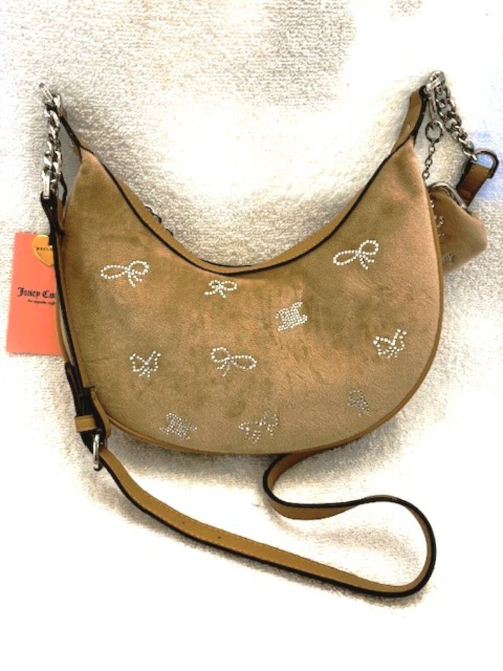 Juicy Couture Delightful crossbody in Pecan with bow/logo embellishments NWT